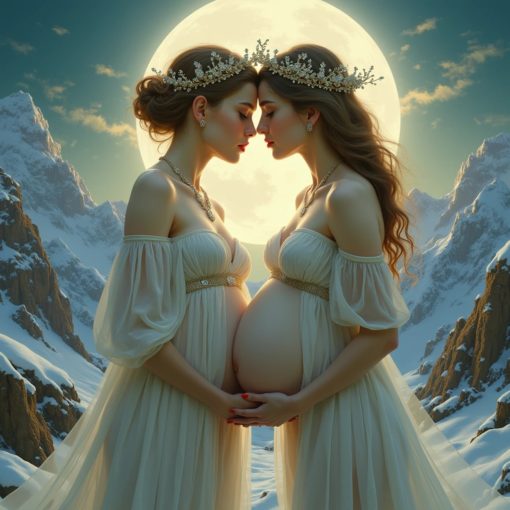 (masterpiece, best quality), oil painting by Leonardo da Vinci and Alfons Maria Mucha, perfect anatomy, two gorgeous and stunning pale-skinned young pregnant goddesses is deeply in love with each other, kiss, fantastic make-up, jewelry, romantic atmosphere, snow and moon, magnificent panorama view