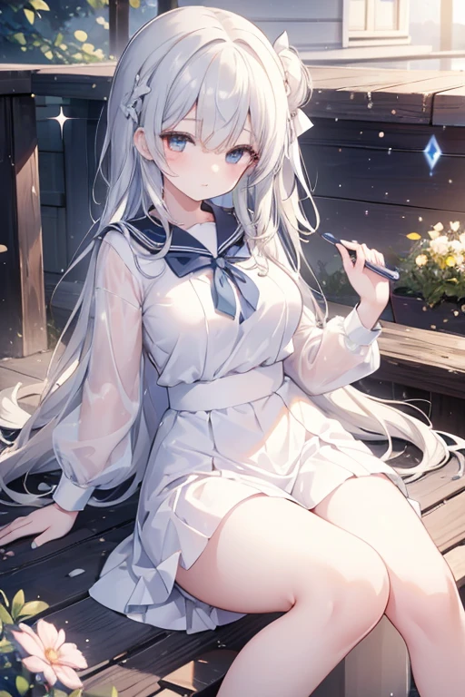 (8K, Highest Quality, Masterpiece:1.3)), Ultra High Resolution, (One Girl, One Person), (Color Changing Eyes, Super Detailed, Expressive Sparkle, Sparkling, Glowing Eyes), Highly Detailed Eyes, Highly Detailed Face, Random Hair, (Silver Gray Color), "A woman lying on her back wearing a sailor uniform with an open neckline." The background is the rooftop of a school, with the sky spreading out, fences and benches. It is after school, and the light of the setting sun softly illuminates the woman's figure. The woman is lying on her back, with her silver hair spread out. She is wearing a white and navy sailor uniform with a wide open neckline. The V-shaped cut of the sailor uniform emphasizes her chest, and a cute light pink bra can be seen underneath. The bra has a frill and ribbon design. The skirt of the sailor uniform is slightly lifted, and the skirt above her knees is fluttering in the wind. Her expression is a relaxed smile with a slight blush. The warm light of the setting sun softly illuminates her skin, adding an ethereal glow to her overall look.
