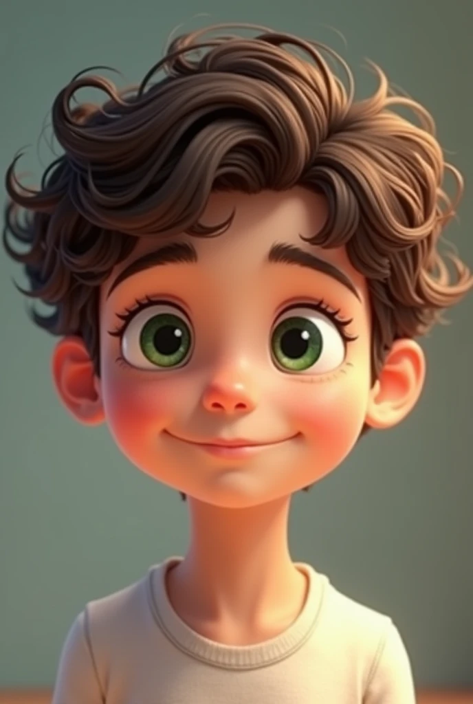 3 year old child with white skin and dark green eyes, short brown curly hair in cartoon style