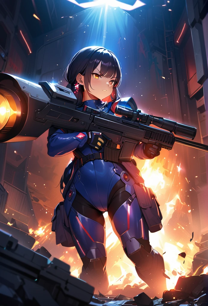 masterpiece, Highest quality, (((Ruined battlefield)))、(((Angry Face)))、Raising awareness, Large firearms, プラチナEarrings, Platinum Necklace, Bulucombat suit,Carrying a weapon, One Girl, cute, (Dynamic Lighting:1.2), Cinema Lighting, Delicate facial features, Detailed eyes, Sharp pupils, Realistic student, Written boundary depth, ボケ Written boundary depth, Sharp focus, (Very detailed, bloom, Shine:1.4), Lots of little gems, (((long_hair))), Twin tails、Earrings、分けた前hair、銀hair、whole body、Ultra close-up footage、The top is transparent up to the chest.、See-through design。The bottoms are a very short navy blue pleated skirt.、Fits snugly around the waist。The background is simple white.、this、The text is easier to see.。The light source is a soft light from the front....、The overall atmosphere is bright and clean....。