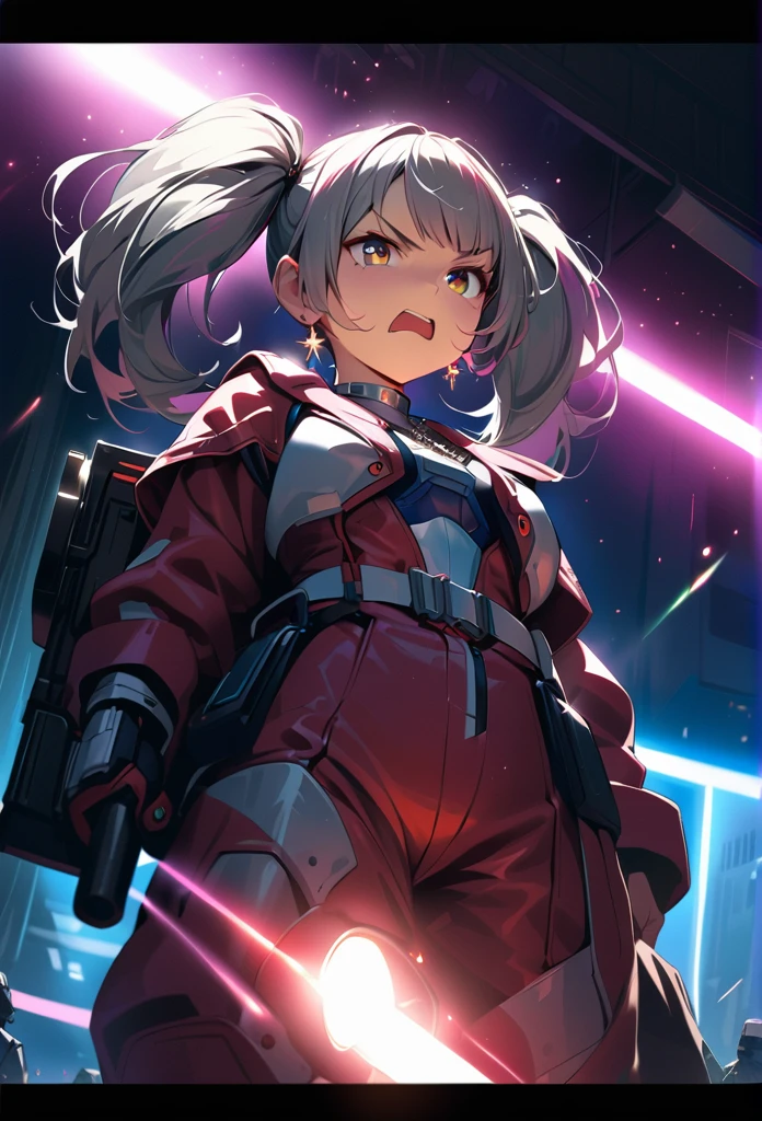 masterpiece, Highest quality, (((Ruined battlefield)))、(((Angry Face)))、Raising awareness, Large firearms, プラチナEarrings, Platinum Necklace, Bulucombat suit,Carrying a weapon, One Girl, cute, (Dynamic Lighting:1.2), Cinema Lighting, Delicate facial features, Detailed eyes, Sharp pupils, Realistic student, Written boundary depth, ボケ Written boundary depth, Sharp focus, (Very detailed, bloom, Shine:1.4), Lots of little gems, (((long_hair))), Twin tails、Earrings、分けた前hair、銀hair、whole body、Ultra close-up footage、The top is transparent up to the chest.、See-through design。The bottoms are a very short navy blue pleated skirt.、Fits snugly around the waist。The background is simple white.、this、The text is easier to see.。The light source is a soft light from the front....、The overall atmosphere is bright and clean....。