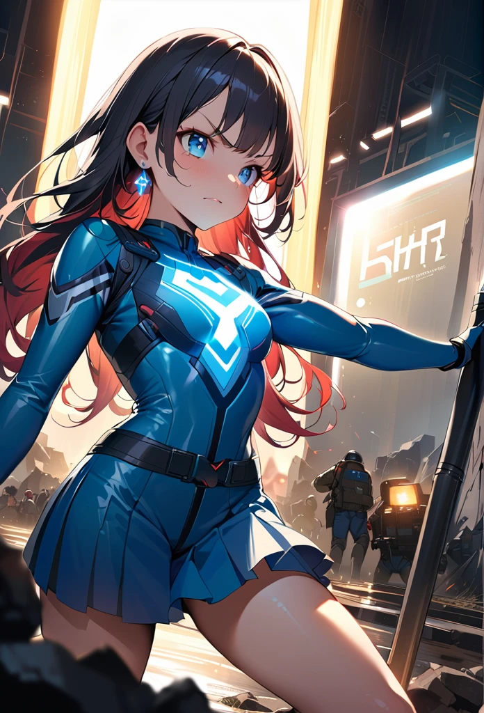 masterpiece, Highest quality, (((Ruined battlefield)))、(((Angry Face)))、Raising awareness, Large firearms, プラチナEarrings, Platinum Necklace, Bulucombat suit,Carrying a weapon, One Girl, cute, (Dynamic Lighting:1.2), Cinema Lighting, Delicate facial features, Detailed eyes, Sharp pupils, Realistic student, Written boundary depth, ボケ Written boundary depth, Sharp focus, (Very detailed, bloom, Shine:1.4), Lots of little gems, (((long_hair))), Twin tails、Earrings、分けた前hair、銀hair、whole body、Ultra close-up footage、The top is transparent up to the chest.、See-through design。The bottoms are a very short navy blue pleated skirt.、Fits snugly around the waist。The background is simple white.、this、The text is easier to see.。The light source is a soft light from the front....、The overall atmosphere is bright and clean....。
