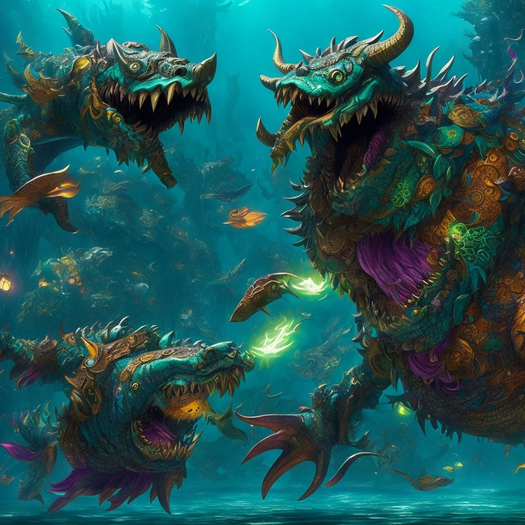 High Fantasy、Vivid depiction、Depicts a monster with richly decorated flippers、Background blur