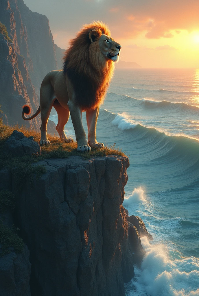 Lion roaring on a cliff watching the sun rise and the blue ocean become simpler 