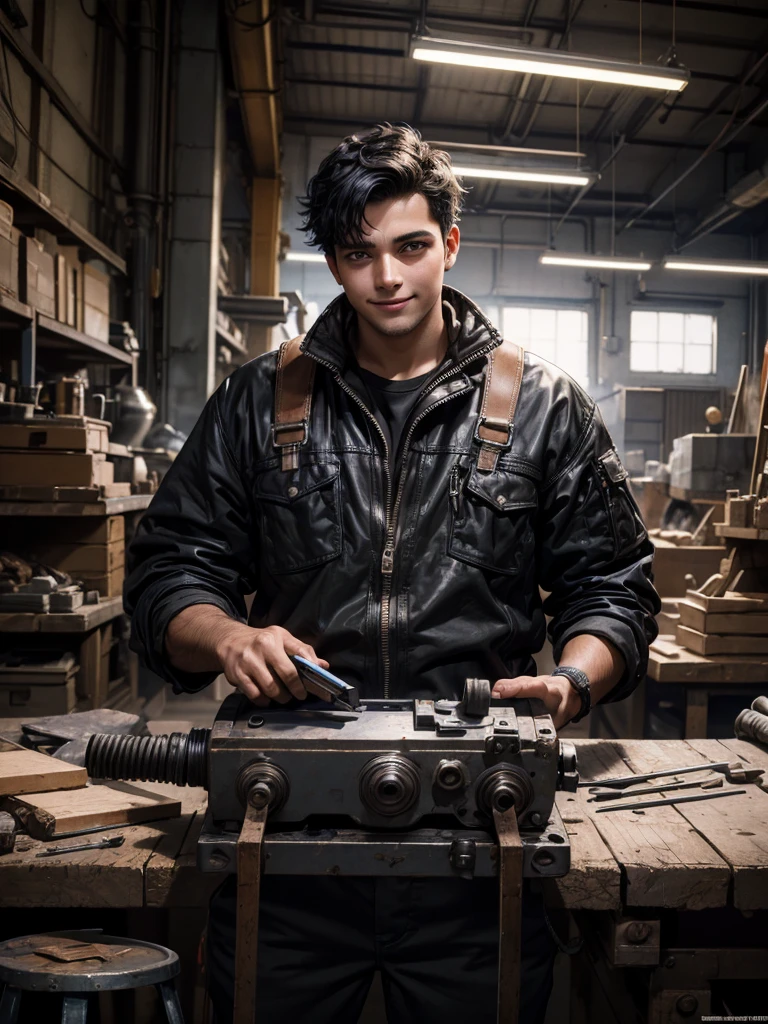 Absurd resolution, high resolution, (masterpiece: 1.4), hyper-detail, young man's messy short black hair, welder dressed up, answering the phone (1.2), happy expression, factory high-tech workbench, tech-sense screen
