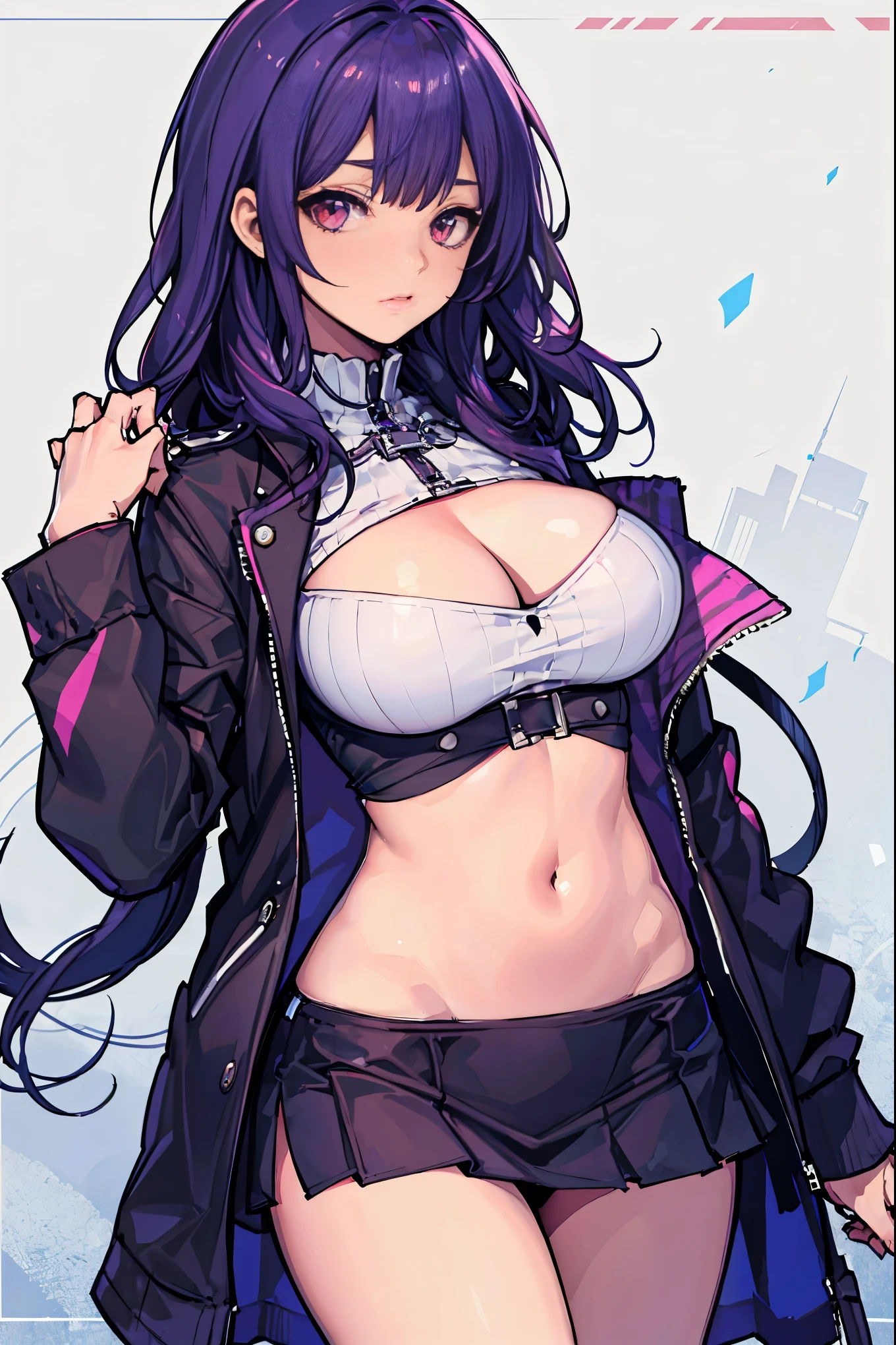 1girl, white background, red eyes, long hair, purple hair, bangs, jacket, crop top, mini skirt, large breasts, cleavage, soft stomach