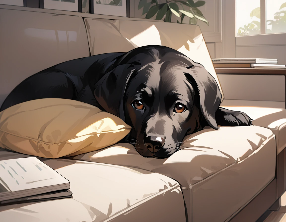 (masterpiece)、(absurdres)、(ultra detailed)、(8k)、(A black Labrador retriever lying down and sleeping with his eyes closed),Modern Living Room、Sunshine、