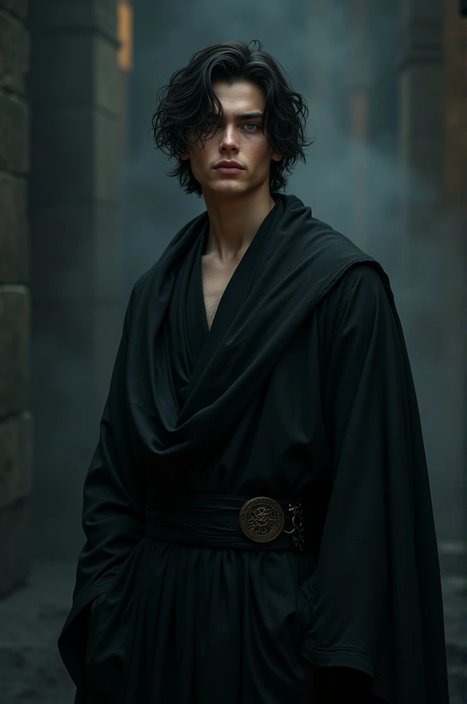 Handsome boy in black robes with black hair