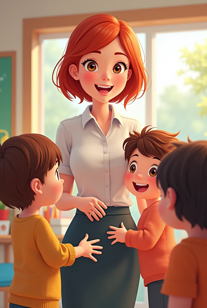 Pretty and sweet teacher in uniform and  playing, with short red hair to the shoulders, light brown eyes, cheered up
