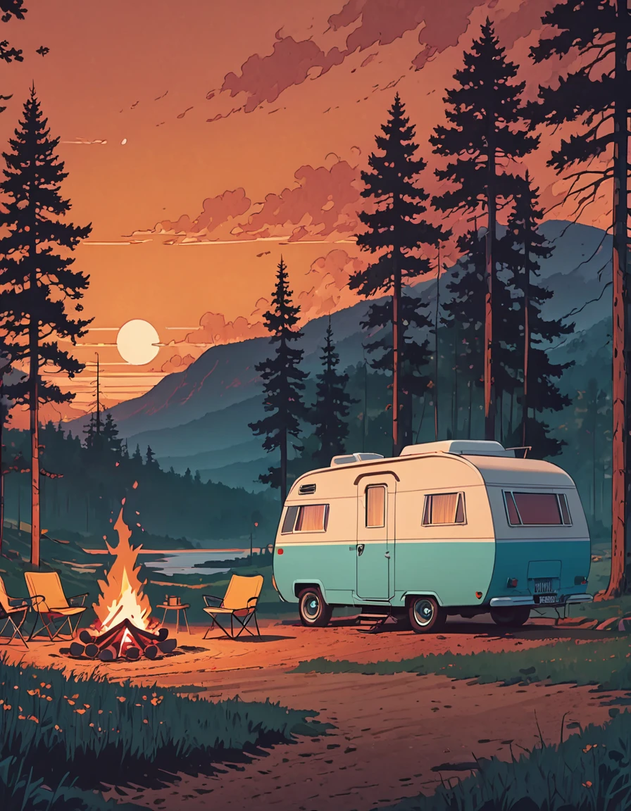 A motorhome parked next to a campfire, evening, illustrative animation style, beautiful digital illustration, awesome digital illustration, ( ( ( ( ( y mumford ) ) ) ) ), Featured on IllustrationX, Illustration of dribbling, beautiful retro art, wonderful compositions, camping, detailed landscape art, in the style y mumford artwork, simon stålenhag color scheme
