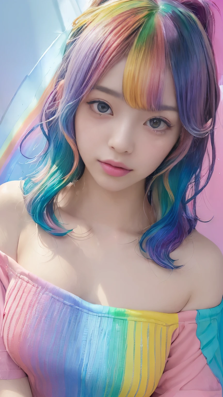 (Pink Fashion T-Shirt:1.9)、(colorfulな髪:1.8)、(All the colors of the rainbow:1.8)、((((Portrait:1.6)))、(Picturesque:1.6)、frontage、Big eyes、Clear eyes、(虹色のGradationハイポニーテール:1.7)、Exquisite makeup、Mouth closed、(Small fresh:1.5)、(Wipe the chest:1.6)、Long-term、A man wearing a white off-the-shoulder T-shirt with tears in his eyes、(Rainbow Hair:1.6)、An explosion of colors, Messy Lines, ((Shine)), (colorful), Chic paint style, (Splashes of color), Portrait, Browsing Caution、 Paint splashes, Acrylic Pigments, Gradation, Depth of written boundary, facepaint, colorfulな服, (elegant: 1.2), nice,Hair length, Wind, (elegant: 1.3), (petal:1.4)、(((masterpiece)))、(((Highest quality)))、((Ultra-detailed))、(Dynamic Angle)、((plankton))、(paint)、((Disheveled Hair))、(solo)、((Beautifully detailed face))、Shoulder pain、Gray Hair、((colorfulな髪))、(((Striped Hair))、Beautiful and fine details、(Gradationカラーの目)、((Clatter toes))、(colorfulな背景))))、((((High saturation))))、(((colorfulな水しぶきに囲まれた)))