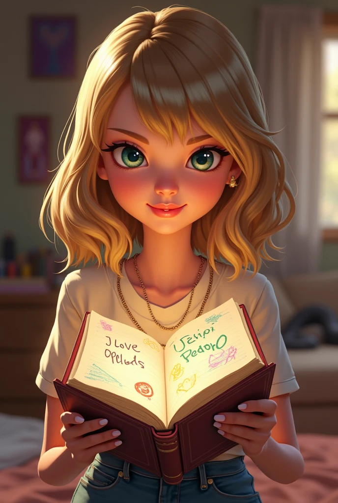Taylor Swift showing a drawing that says I love Pedro in her notebook