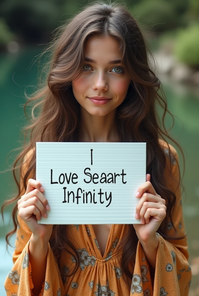 Beautiful girl with wavy long hair, bohemian dress, holding a white board with text "I Love Seaart Infinity" and showing it to the viewer