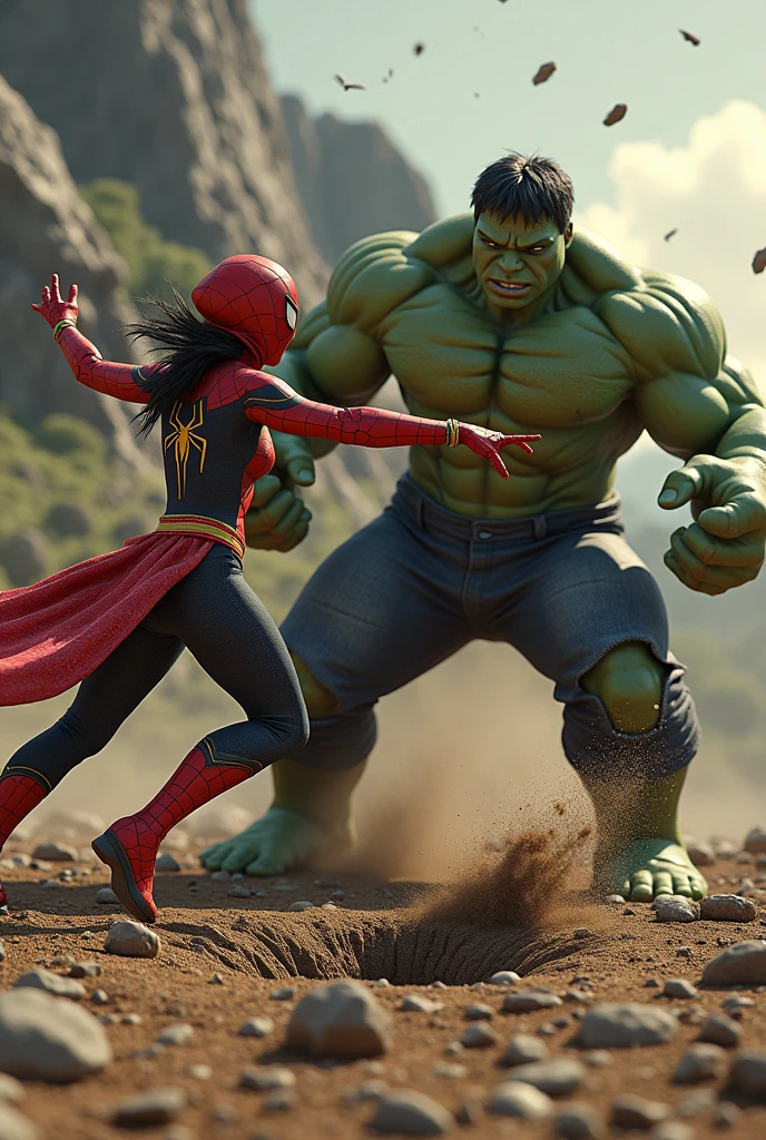 Spiderwoman wearing a traditional Indonesian 'daster' dress, using her spider powers to throw Hulk to the ground with immense force, causing the earth to crack. The scene is hyper-realistic, with ultra details, ultra HDR, and a 3D render style. The environment is a rocky terrain with visible cracks spreading from where Hulk lands, dust and debris flying in the air, capturing the intense moment of impact.