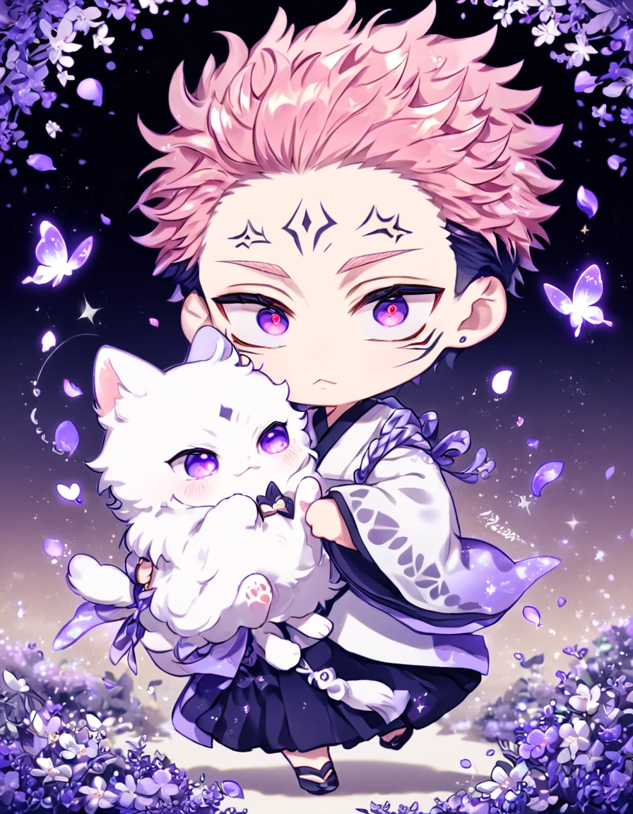 Ultra detailed, HDR, Highres, absurdres, master piece, Ryoumen Sukuna chibi, pink hair, expressive red eyes, white kimono, Jujutsu Kaisen, cute, adorable, holding a white fluffy cat, purple flowers, petals, fantasy, magical, purple leaves, best quality, glittering, water, purple shining fireflies, solo, small purple butterflies,