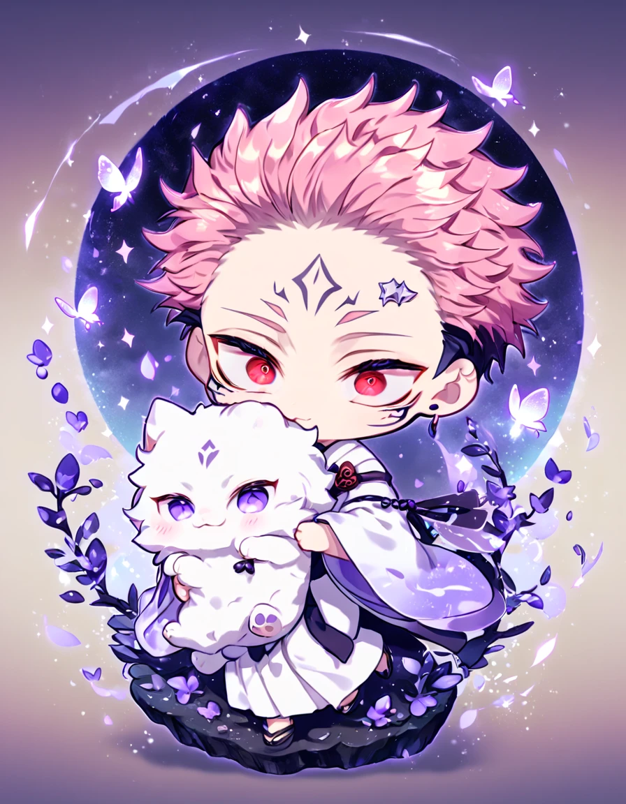 Ultra detailed, HDR, Highres, absurdres, master piece, Ryoumen Sukuna chibi, pink hair, expressive red eyes, white kimono, Jujutsu Kaisen, cute, adorable, holding a white fluffy cat, purple flowers, petals, fantasy, magical, purple leaves, best quality, glittering, water, purple shining fireflies, solo, small purple butterflies,