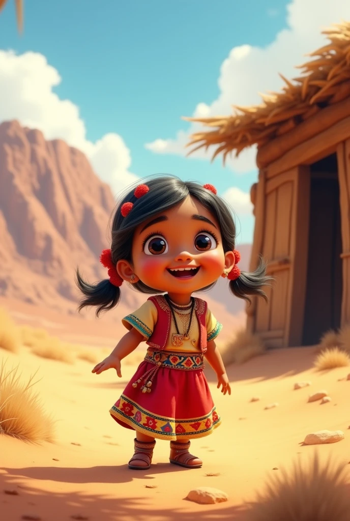 Give me the animation of a one-year-old Peruvian girl who is happy. In the desert of Peru, where there is a wooden hut and light falls from the sky.