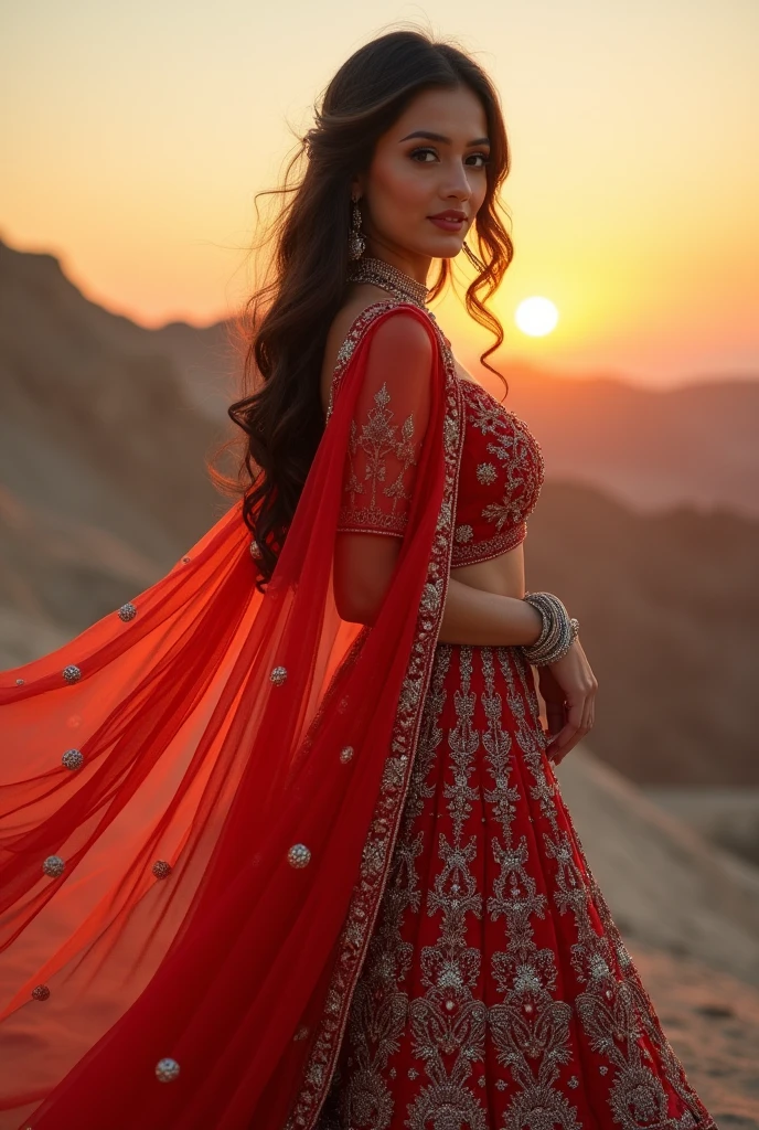 A stunning full-length portrait of a graceful woman, adorned in a vibrant lehenga, the rich hues of the fabric flowing elegantly around her, as she poses with poise and confidence. The intricate embroidery on the lehenga, with its shimmering gold and silver threads, catches the light, adding a regal and majestic touch to the image. The woman's long, dark hair falls in soft waves over her shoulders, framing her beautiful face with its almond-shaped eyes and a gentle smile. In the background, there's an ethereal and surreal landscape, where the sun sets over the horizon, casting a warm and enchanting