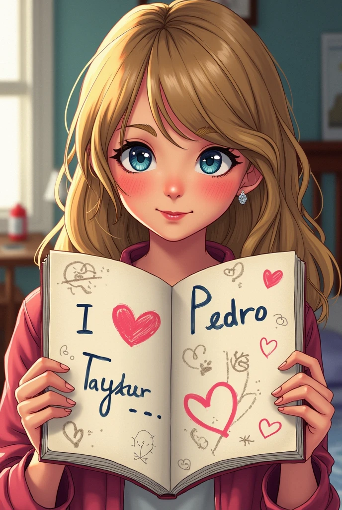 Taylor Swift showing a drawing that says I love Pedro in her notebook