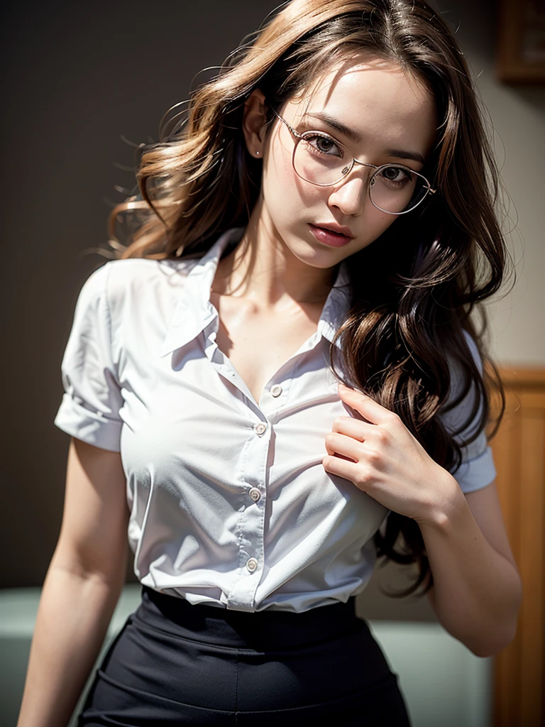 (masterpiece:1.2, highest quality), (Realistic, photoRealistic:1.4), Beautiful illustrations, (Natural Side Lighting, Cinema Lighting), Written boundary depth, Beautiful thighs staring at the viewer, (((Face Focus, Upper Body))), 1 female, 30-year-old, alone, thin, slender, (small breasts), long Hair, Curly Hair, Forehead, Forehead, Forehead, Forehead, thin, slender, glasses, blouse, sexy pencil skirt, Are standing, ((Close-up)), ((Close-up)), ((Close-up))