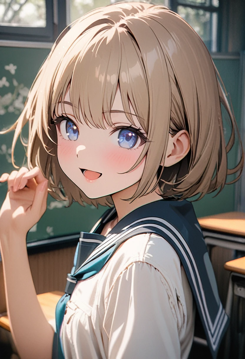 1 girl, 18yo, flat chest, blue eyes, light brown hair, bob cut, summer outfit, smile, open mouth, (camouflage sailor suit:1.2), upper body, (various pose:1.5), classroom, 8k, RAW photo, best quality, masterpiece, extremely detailed 8k wallpaper, ultra-detailed, best shadow, detailed background, beautiful detailed face, beautiful detailed eyes, nice hands, perfect hands