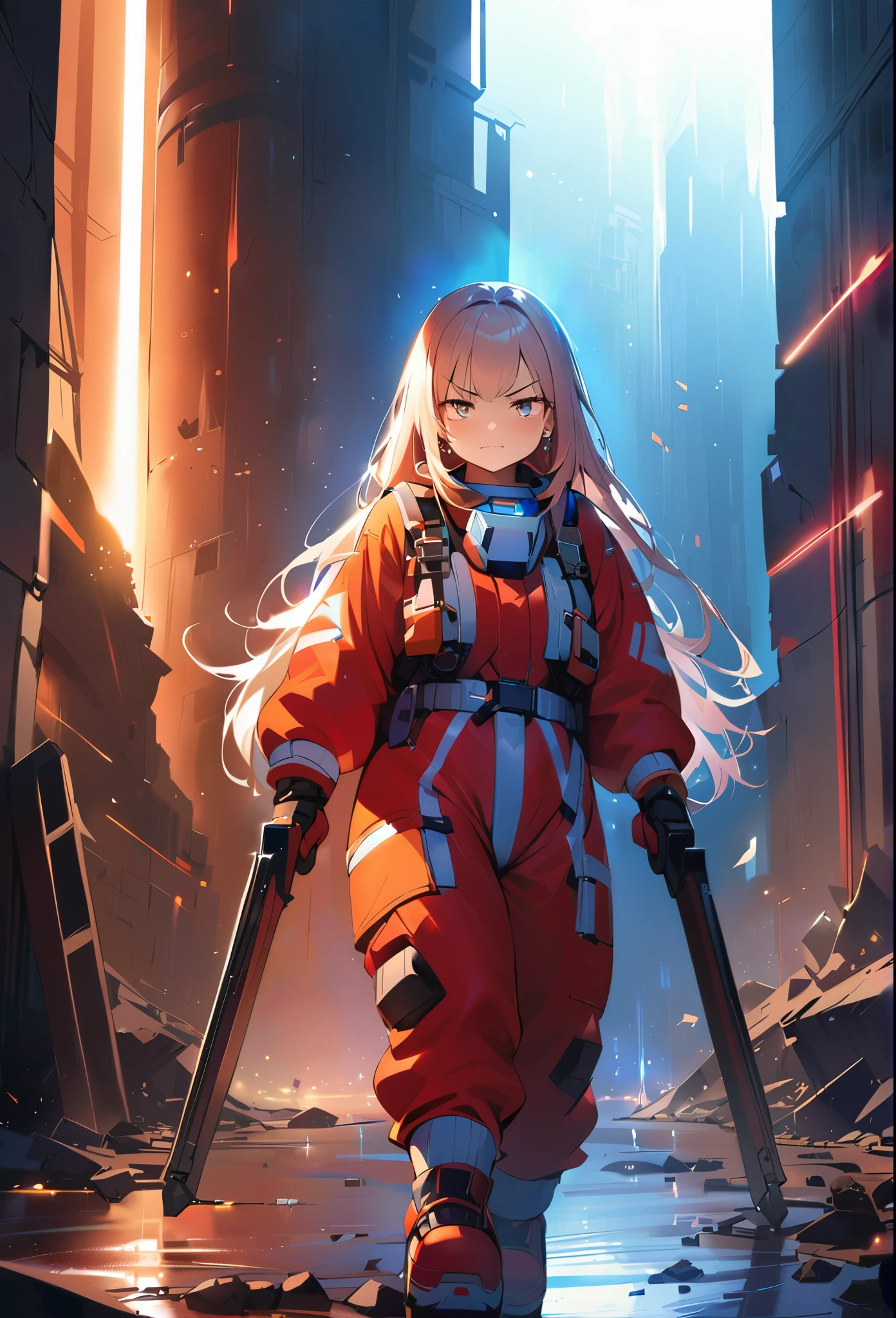 masterpiece, Highest quality, (((Ruined battlefield)))、(((Angry Face)))、Raising awareness, Large firearms, プラチナEarrings, Platinum Necklace, Bulu combat suit,Carrying a weapon, One Girl, cute, (Dynamic Lighting:1.2), Cinema Lighting, Delicate facial features, Detailed eyes, Sharp pupils, Realistic student, Written boundary depth, ボケ Written boundary depth, Sharp focus, (Very detailed, bloom, Shine:1.4), Lots of little gems, (((long_hair))),　Twin tails、Earrings、分けた前hair、銀hair、whole body、Ultra close-up footage、The top is transparent up to the chest.、See-through design。The bottoms are a very short navy blue pleated skirt.、Fits snugly around the waist。The background is simple white.、this、The text is easier to see.。The light source is a soft light from the front....、The overall atmosphere is bright and clean....。