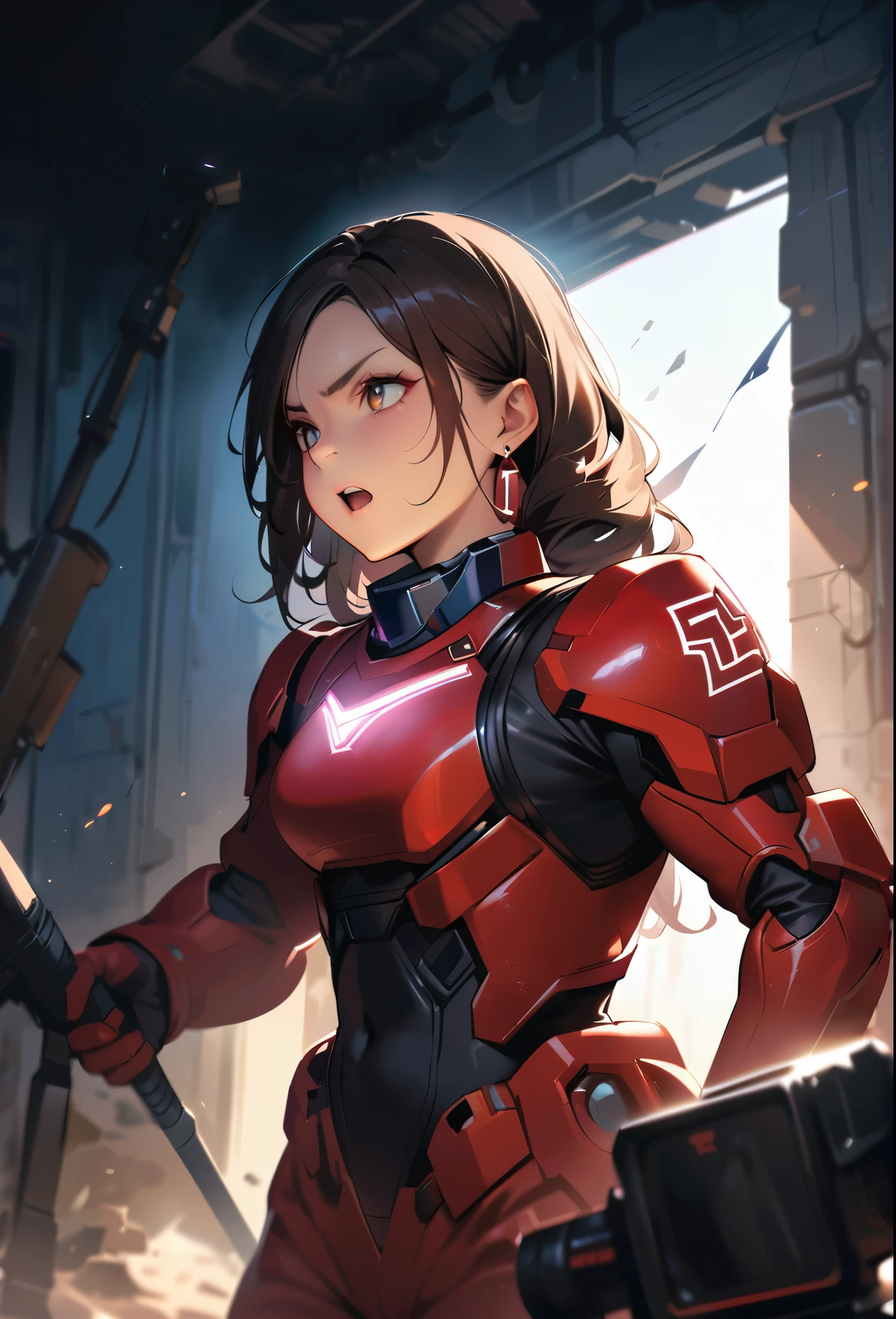masterpiece, Highest quality, (((Ruined battlefield)))、(((Angry Face)))、Raising awareness, Large firearms, プラチナEarrings, Platinum Necklace, Bulu combat suit,Carrying a weapon, One Girl, cute, (Dynamic Lighting:1.2), Cinema Lighting, Delicate facial features, Detailed eyes, Sharp pupils, Realistic student, Written boundary depth, ボケ Written boundary depth, Sharp focus, (Very detailed, bloom, Shine:1.4), Lots of little gems, (((long_hair))), Twin tails、Earrings、分けた前hair、銀hair、whole body、Ultra close-up footage、The top is transparent up to the chest.、See-through design。The bottoms are a very short navy blue pleated skirt.、Fits snugly around the waist。The background is simple white.、this、The text is easier to see.。The light source is a soft light from the front....、The overall atmosphere is bright and clean....。
