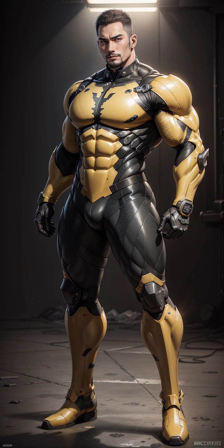 Tall giant muscular police officer，Yellow and black camouflage patterned nano mecha，Honeycomb pattern，Lightweight texture，Character Concept（Resident Evil - Chris Redfield，Chris Redfield）senior police officer，Small grid texture，Regular symmetrical texture pattern，Sad expression，Deep and charming eyes，Standing in a bright mechanical laboratory，Emerald Eyes Hero，Heroic male pose，高大Burly，muscular！Attractive leg muscles，High target, Burly, Heqiang，  Super Buff and Coolness， High Resolution Committee， Bigfoot yellow-gray ultra-thin nano-mechanical boots，Charismatic strongman，The bright sunshine shines on you，Matte particles，Shiny texture