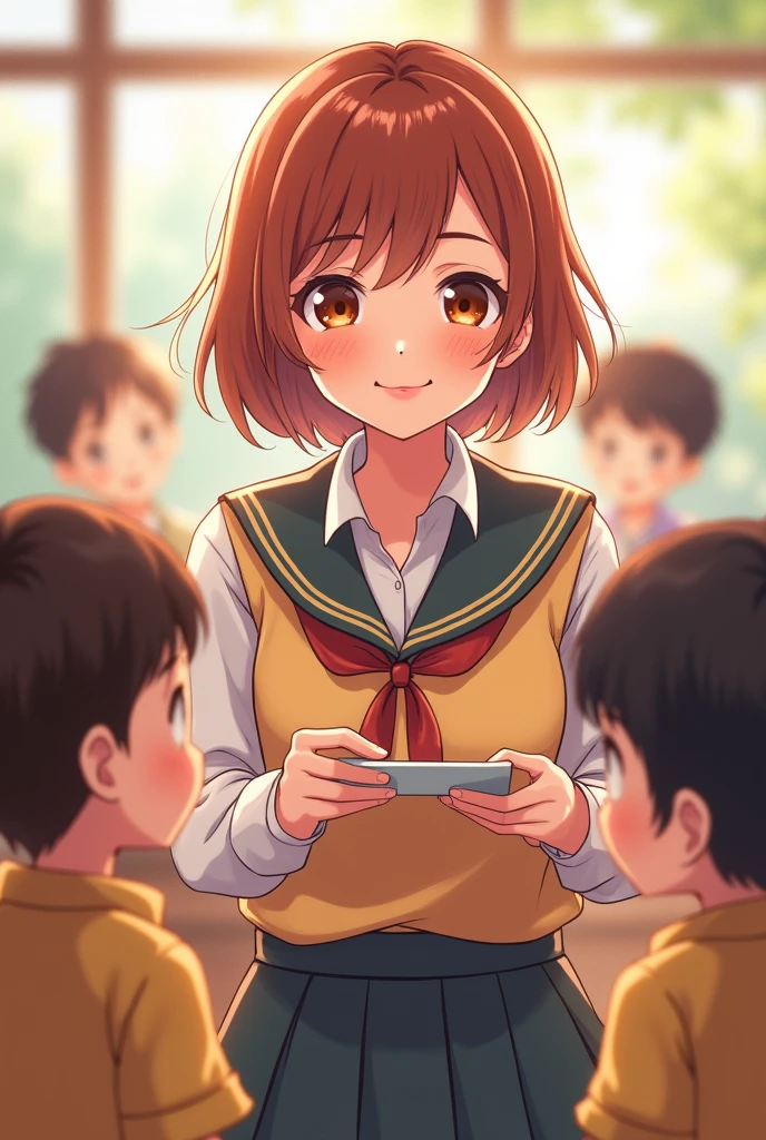 Pretty and sweet teacher in uniform and preschool students playing, with short shoulder length light brown red hair, light brown eyes, cheered up