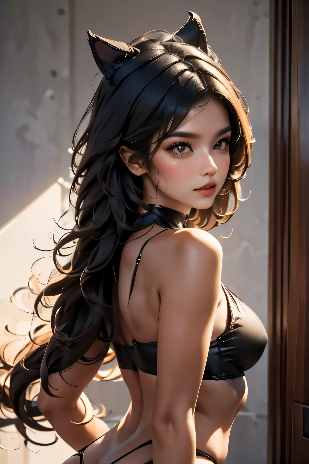 ((melhor qualidade)), ((Obra de arte)), (detalhado), Dark skin, brown curly hair, dark brown eyes that are pulled to the side. Afro-Asian. Curves around the body. Black cat ears and a Black tail