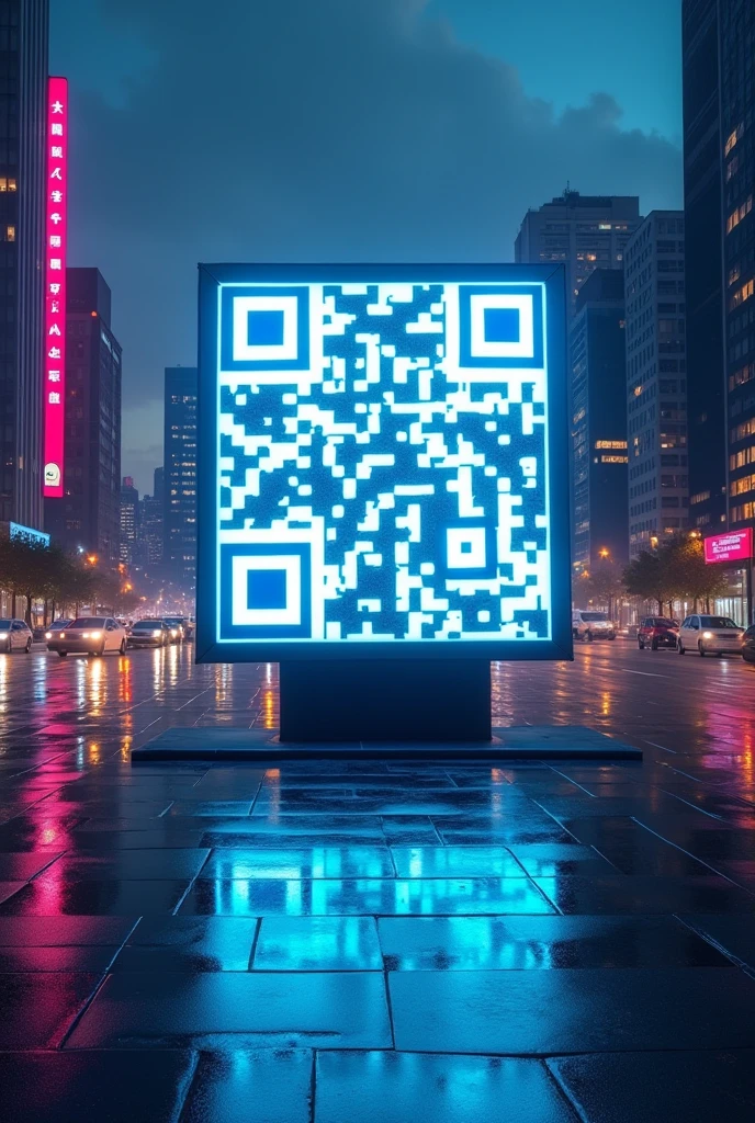 Create a high-resolution image of a futuristic cityscape at dusk, with neon lights illuminating the buildings. In the foreground, place a large, glowing QR code that appears as if it's a part of the environment, seamlessly integrated into a holographic billboard. The QR code should be clear and readable, with vibrant colors reflecting off it, blending naturally with the city's modern aesthetic.