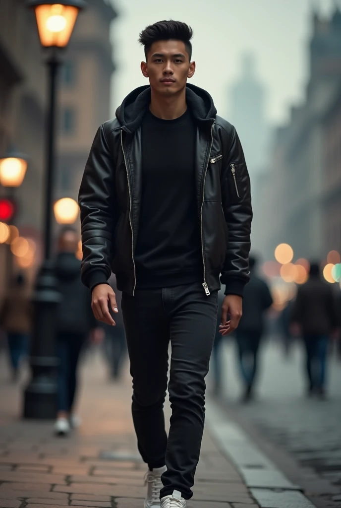 Masterpiece photo of Young skinny asian man with neat short, hair combed to side, wearing black tshirt, leather jacket bomber with hoodie, black jeans and white sneakers. Walking on sidewalk, dramatical street lamp light, with misterious misty cityscape, majestic sky. other Pedestrian is walk by at the distance. Other Pedestrians move make a motion blur effect, but high detail on main subject, rule of third, professional photography image.