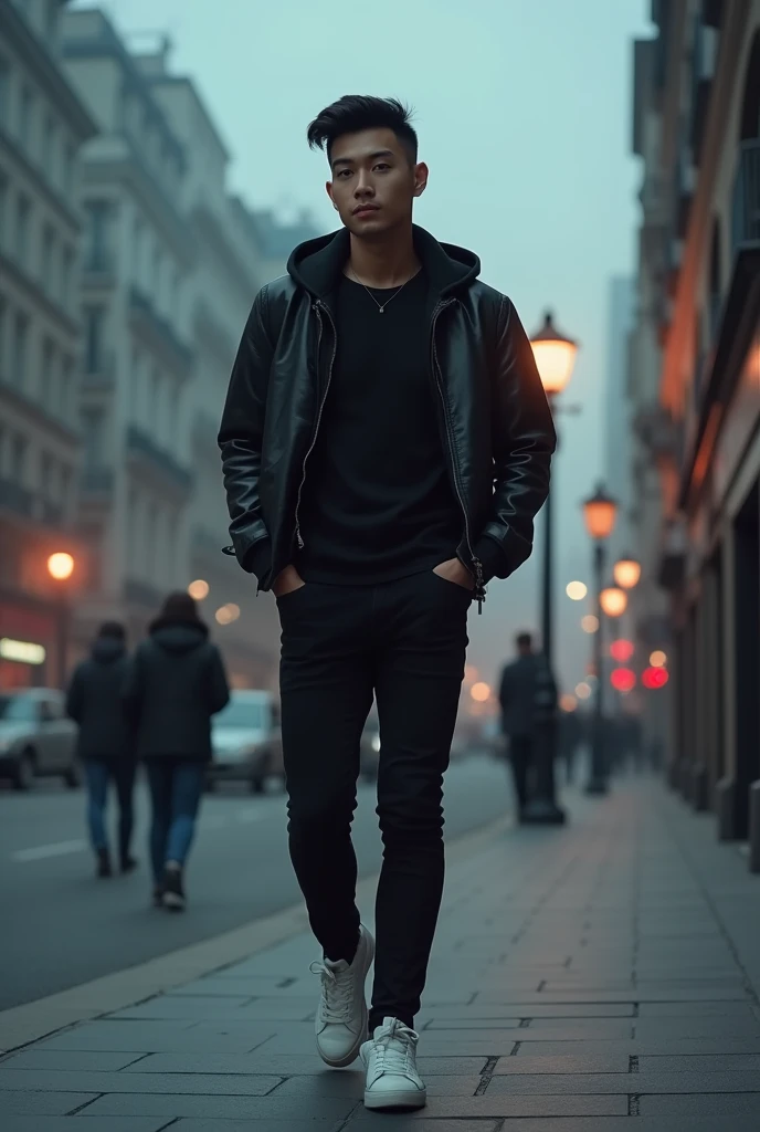 Masterpiece photo of Young skinny asian man with neat short, hair combed to side, wearing black tshirt, leather jacket bomber with hoodie, black jeans and white sneakers. Walking on sidewalk, dramatical street lamp light, with misterious misty cityscape, majestic sky. other Pedestrian is walk by at the distance. Other Pedestrians move make a motion blur effect, but high detail on main subject, rule of third, professional photography image.