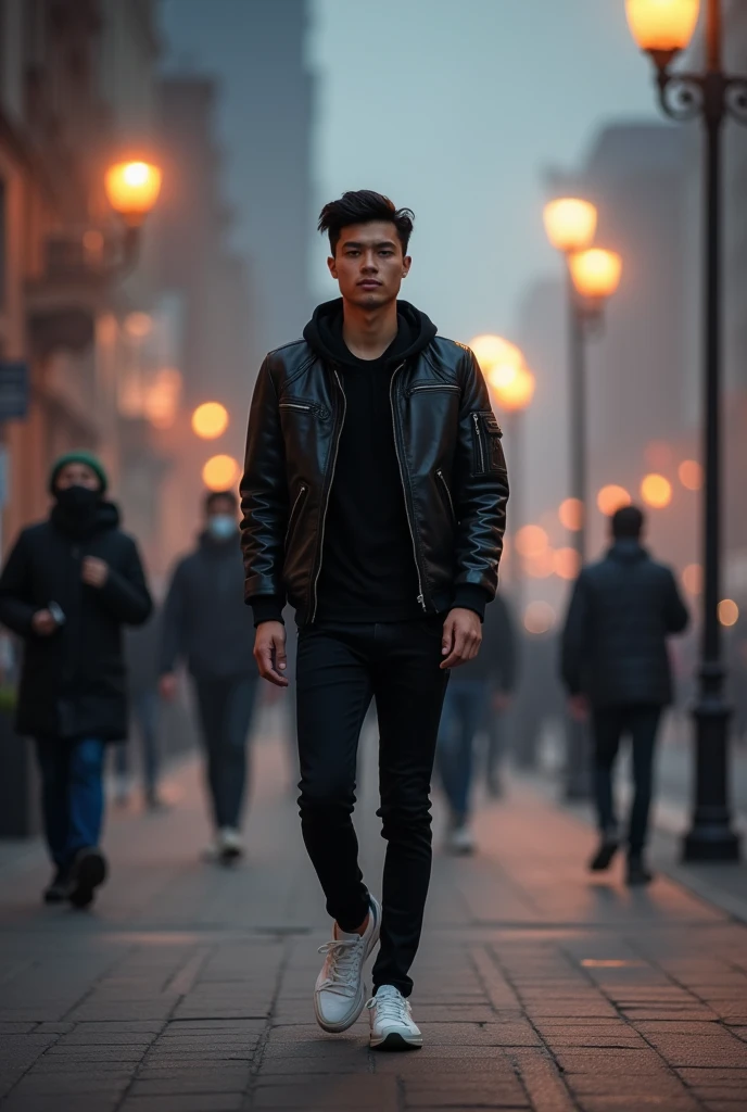 Masterpiece photo of Young skinny asian man with neat short, hair combed to side, wearing black tshirt, leather jacket bomber with hoodie, black jeans and white sneakers. Walking on sidewalk, dramatical street lamp light, with misterious misty cityscape, majestic sky. other Pedestrian is walk by at the distance. Other Pedestrians move make a motion blur effect, but high detail on main subject, rule of third, professional photography image.