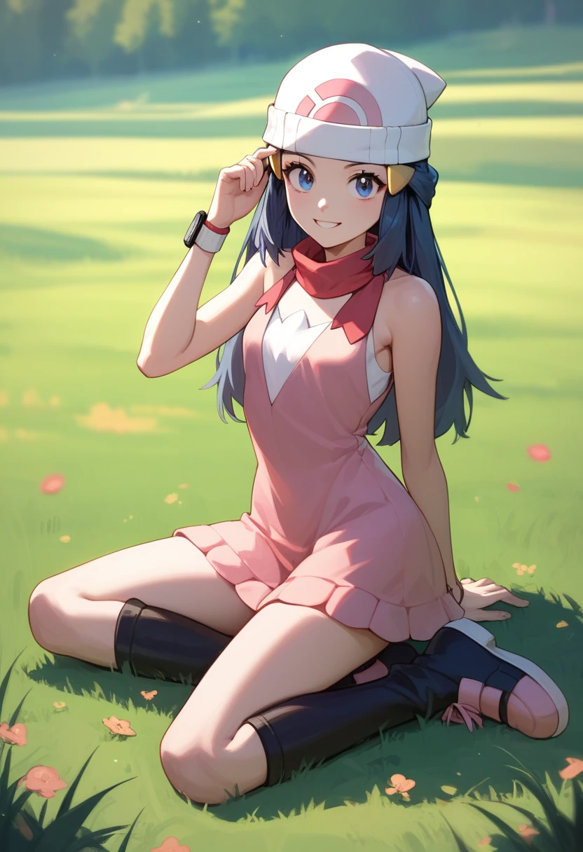 masterpiece, Best Quality, 1 girl, dawn \(Pokémon\), cap, by the wide, For the blue, blue eyes, pink dress black boots, smile, looking at the viewer, field background,sexy