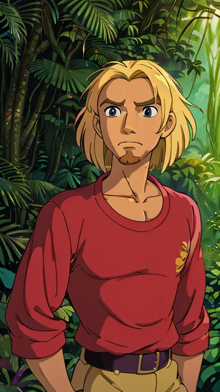 (a man as miguel_eldorado), (extremely detailed CG unit 8k wallpaper),(master part), (best quality), (ultra detail), (best illustration),(ghibli style), cowboy shot,(Sharp eyeliner, ombre, detailed eyes:1),rainforest, outdoors, GHIBLI_Background,break,upper body, 