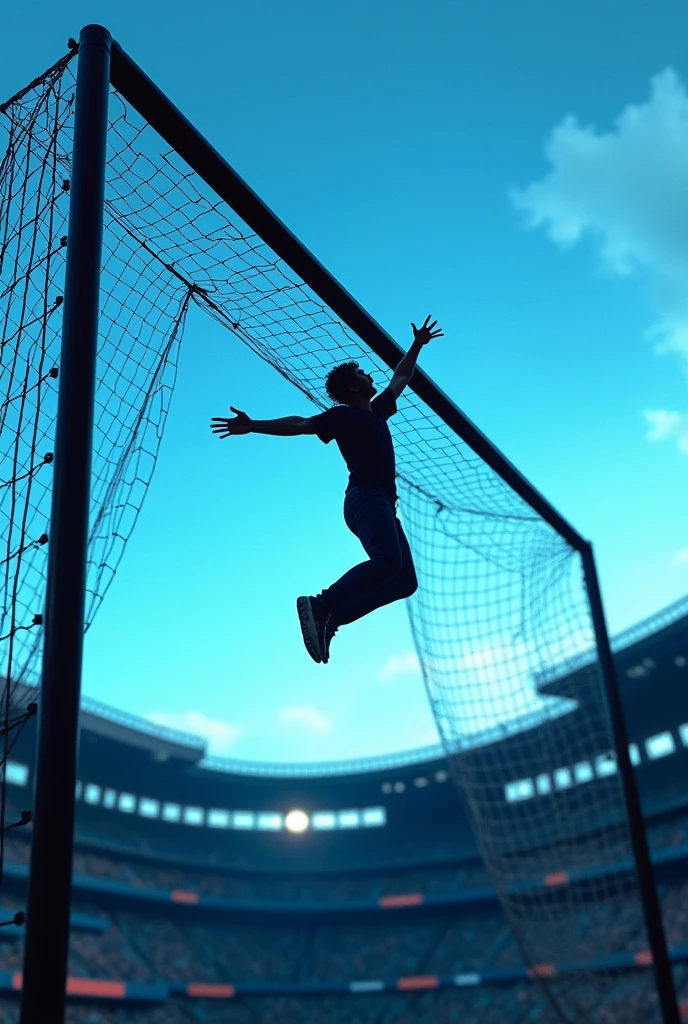 Create me an animated photo, Centenario stadium in Uruguay one of the singers of pearl jam hanging from one of the soccer goals the soccer goal has to be super high, and the colors of the image black and light blue