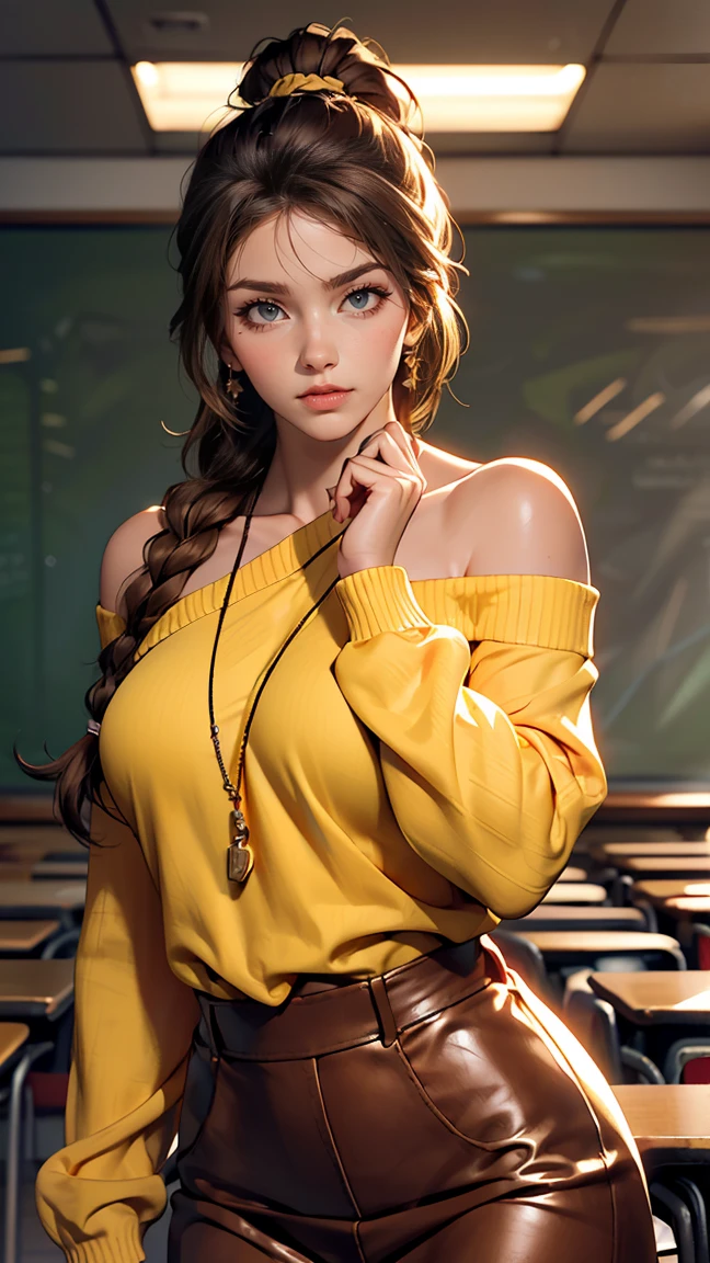 beautiful woman, Brown eyes, (brown skin:1.4), sharp focus, , High detail, real hands, perfect lighting, photorealism, ((ultra quality)), ((masterpiece)), A woman, 30 years old, light brown eyes, Dark skin, full lips, Alone, looking at the viewer, Classroom background, blurred background, bokeh, depth of field, kkw-ph1, (masterpiece), (8K work), Digital art, Best Quality, (masterpiece, Best Quality, ultra detailed), High resolution, expressive, Perfect eyes, 1 woman, (pose sexy), eyes open to the viewer, looking at the viewer,*** ((teacher appleberry )), Dark brown hair, kindergarden teacher, ((Brown leather)), (dark brown eyes: 1.3), Long hair, ((braided ponytail over the shoulder)) , (side parted hair), a loose lock, ((yellow wide sweater: 1.1)), ((depth of field)), ((high quality clear image)), ((High detail)), realistically, Professional photo session, ((clear focus))
