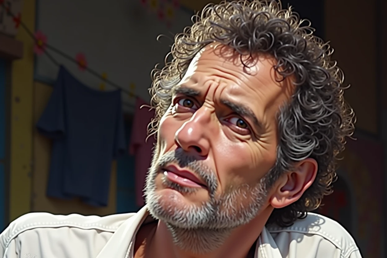 Can you create an image of the argentinian musician Luis Alberto Spinetta confused in a fabela while some black people look at him smiling in the background?