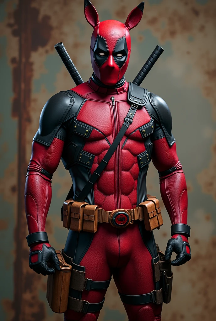 Create a full body image of the Helluva boss Stolas character wearing the Deadpool costume