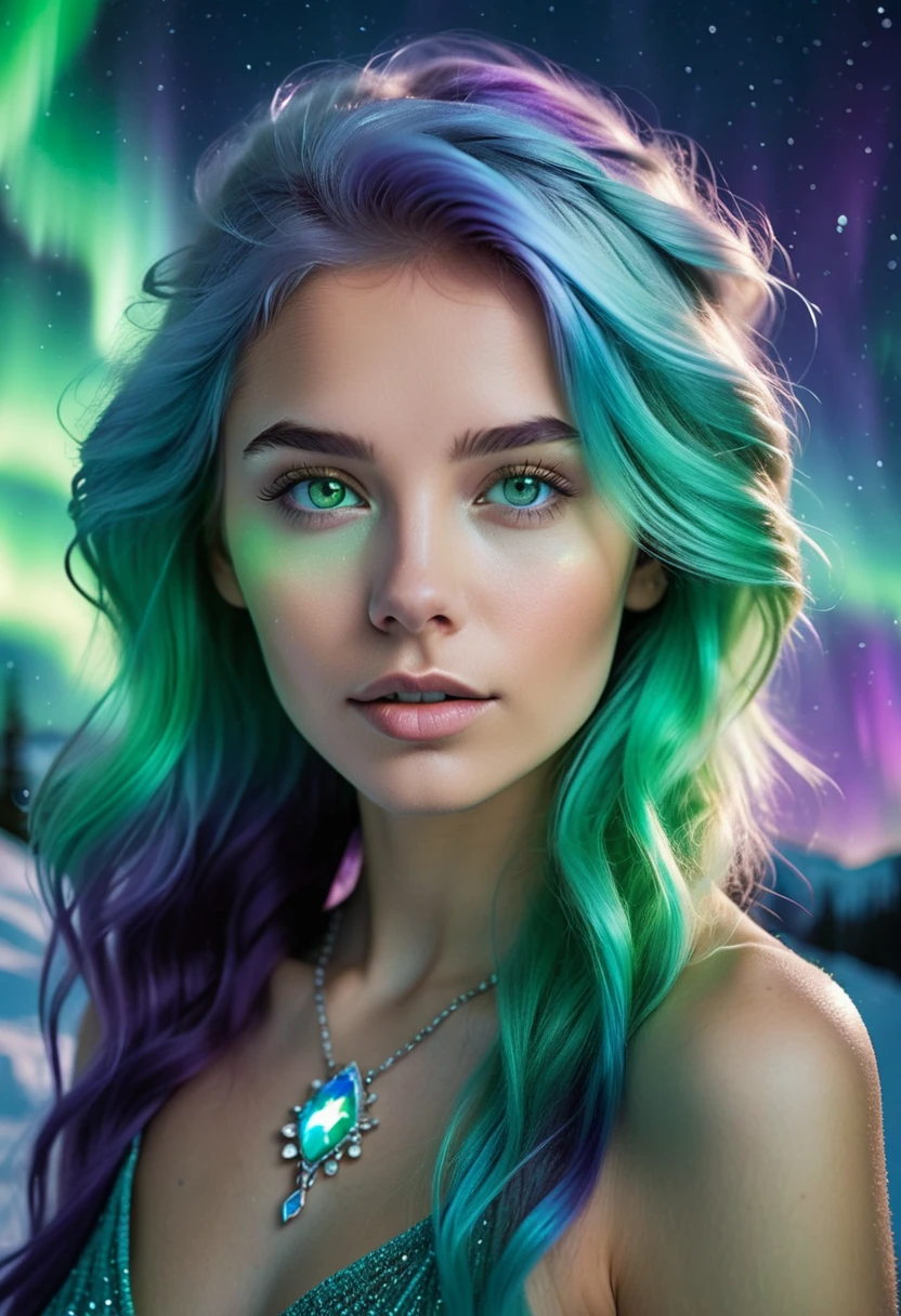 A young woman with hair in a green gradient, blue and purple, imitating the vibrant colors of the aurora borealis. Her eyes are an ice blue with an ethereal glow. Your skin has a slight iridescent sheen, as if illuminated by the northern lights. She wears a necklace of crystals that reflect the colors of her hair.. The background is a mixture of shades of blue and green, with soft patterns reminiscent of the movement of the aurora in the sky. 8 k quality, magical and celestial style.