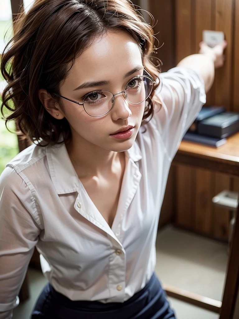 nsfw, (masterpiece:1.2, highest quality), (Realistic, photoRealistic:1.4), Beautiful illustrations, (Natural Side Lighting, Cinema Lighting), Written boundary depth, Beautiful thighs staring at the viewer, (((Face Focus, Upper Body))), 1 female, 30-year-old, alone, thin, slender, (small breasts), short Hair, Curly Hair, Forehead, Forehead, Forehead, Forehead, thin, slender, glasses, blouse, sexy pencil skirt, Are standing, ((Close-up)), ((Close-up)), ((Close-up))