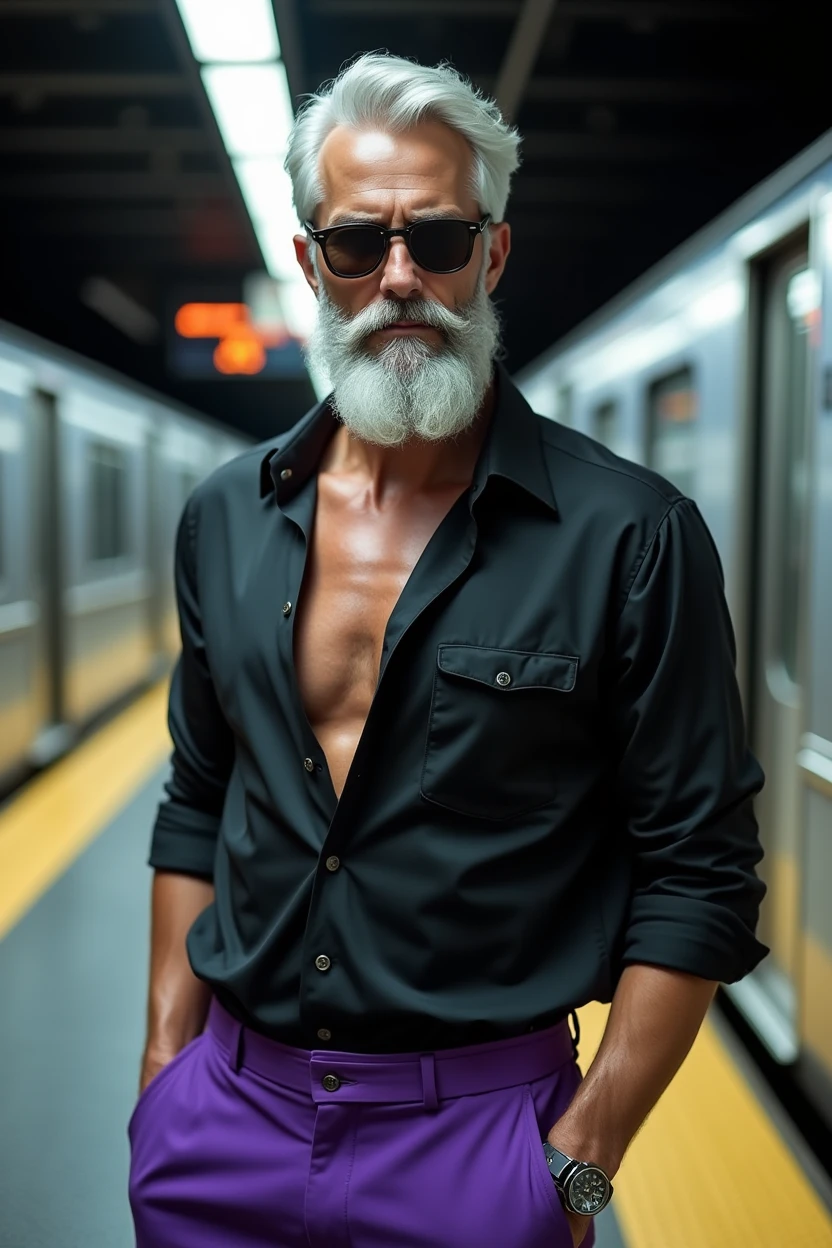 a adult handsome 40 years old male model, silverfox, silver hair, silver beard, very handsome, sunglasses athletic physique, posing in a modern, big metro station, vibrant purple pants, black silk shirt, fashion style, train in the background, (best quality,4k,8k,highres,masterpiece:1.2),ultra-detailed,(realistic,photorealistic,photo-realistic:1.37), highly detailed portrait, dramatic lighting, cinematic composition, hyper realistic, moody atmosphere, warm color tones, kodak film, camera nikon Zfc, Sigma art 18mm. hyperrealism
