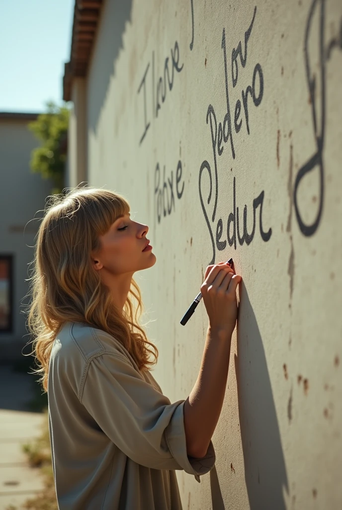 Taylor Swift escrevendo na parede I love Pedro ❤️