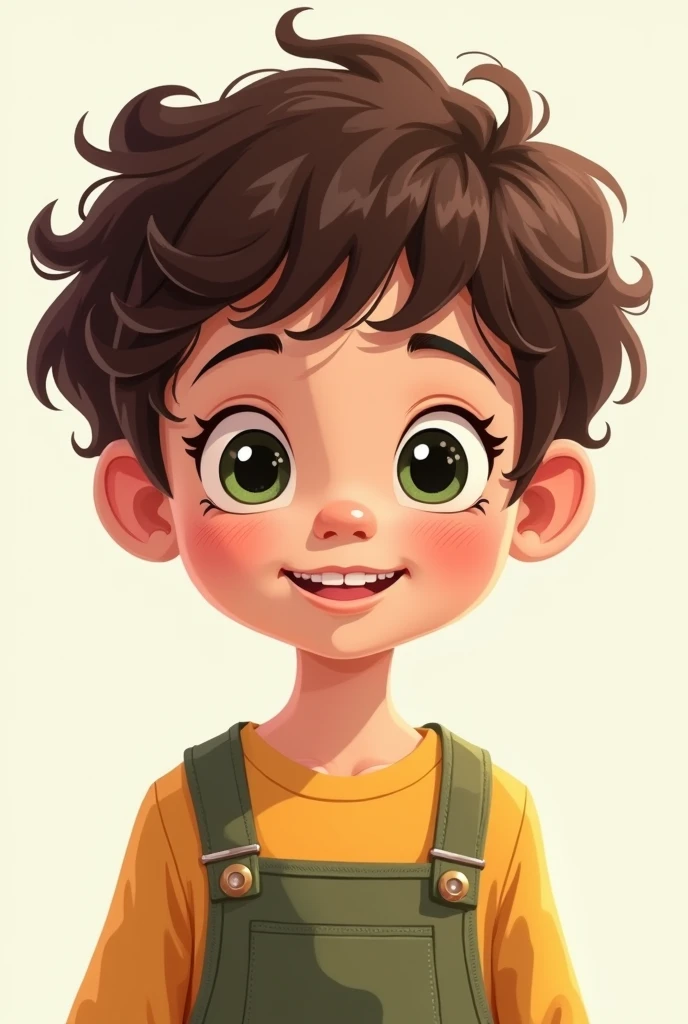 3 year old child with white skin and dark green eyes, short brown curly hair in full body cartoon style