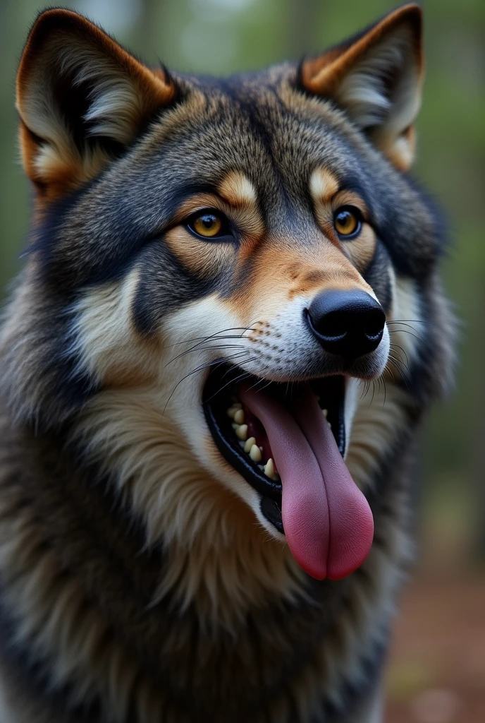 Wolf looking up while sucking human cock( (feral female),(tongue out), (sucking human cock ), (looking at you), (side veiw), (playful look), (open mouth), (black fur), (head turned side ways), (mouth watering)), 4k