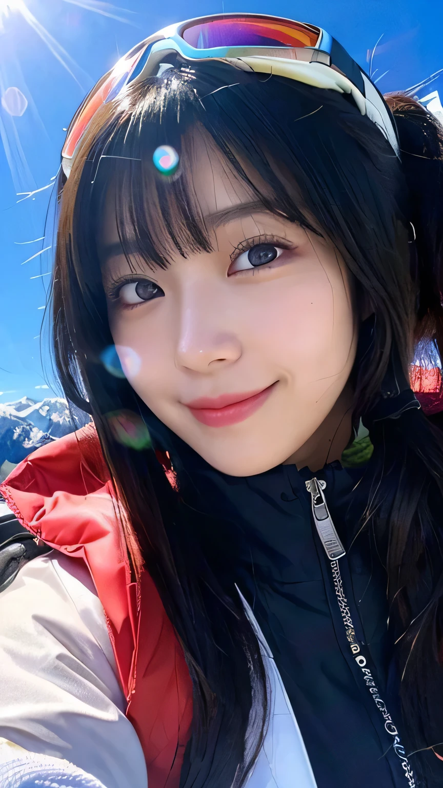 (Highest quality,masterpiece:1.3,Ultra-high resolution),(Very detailed,Caustics,16K),(Realistic:1.4,RAW shooting),Ultra-Realistic Capture,Human skin close-up,Natural skin texture,The pores are detailed enough to be easily identified,Healthy Skin and Even Tone,Use natural light and colour,18-year-old,Japanese,cute,Ski wear,Long black hair,I'm looking at the camera with a smile on my face,Big Breasts,Waist up shot,(Face Focus:1.2),(Face close-up:1.2),(Low position:1.3),(Low Angle:1.3),(Ski Resorts),sun,Lens flare,blue sky,