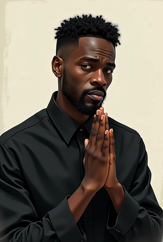 Black man from the front with short curly hair and black clothes, jaded, making a prayer gesture with just your hand, maturemalemix drawing style