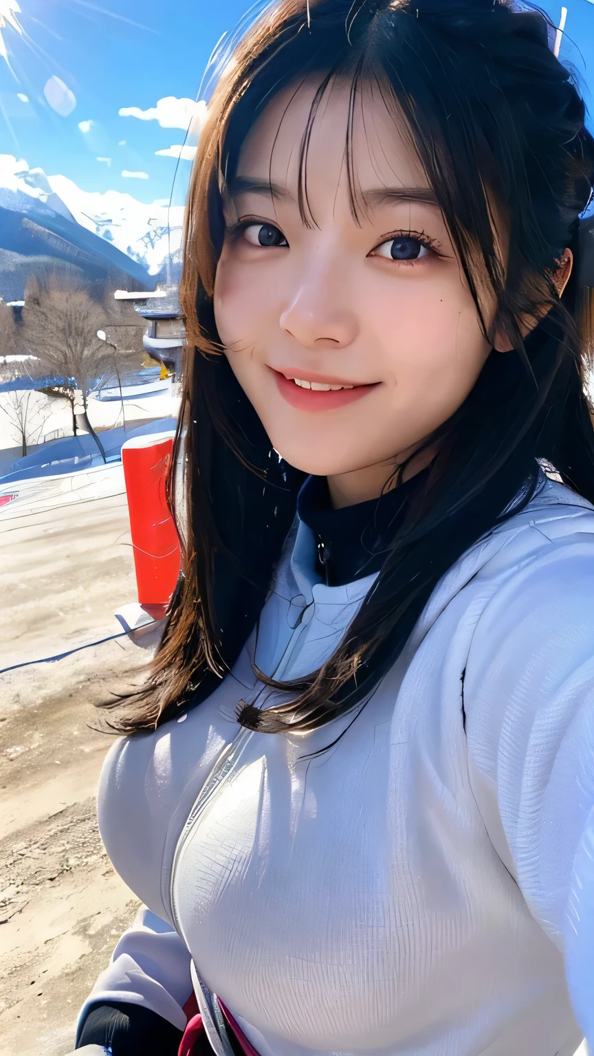 (Highest quality,masterpiece:1.3,Ultra-high resolution),(Very detailed,Caustics,16K),(Realistic:1.4,RAW shooting),Ultra-Realistic Capture,Human skin close-up,Natural skin texture,The pores are detailed enough to be easily identified,Healthy Skin and Even Tone,Use natural light and colour,18-year-old,Japanese,cute,Ski wear,Long black hair,I'm looking at the camera with a smile on my face,Big Breasts,Waist up shot,(Face Focus:1.2),(Face close-up:1.2),(Low position:1.3),(Low Angle:1.3),(Ski Resorts),sun,Lens flare,blue sky,