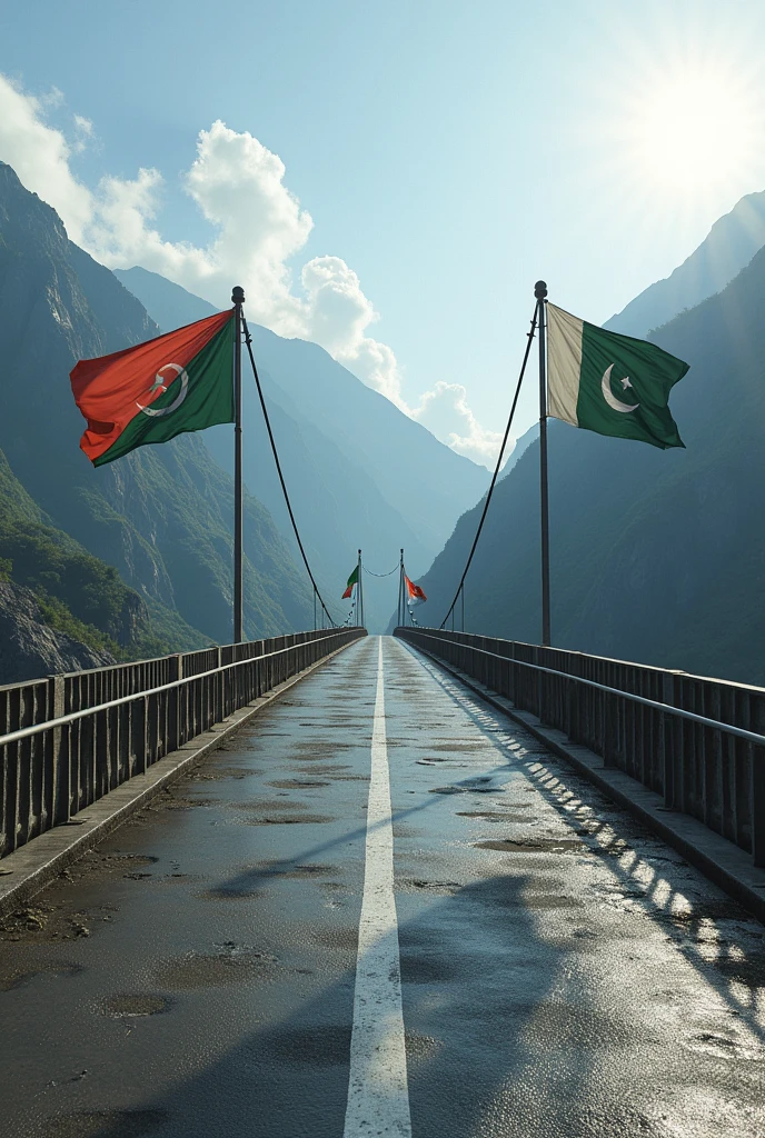 Make Pakistan india loc bridge in kashmir with Pakistani and indian flags on there sides also write zero line on the bridge